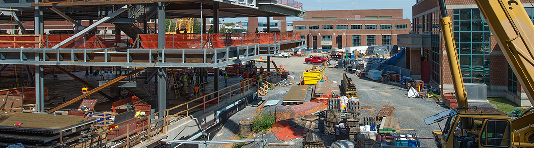 Active construction site with the steam beams placed for a building