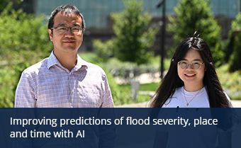 People standing outside looking at the camera with text overlay: Improving predictions of flood severity, place and time with AI