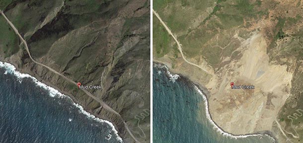 Google Earth images before and after the Mud Creek landslide in Big Sur, California.