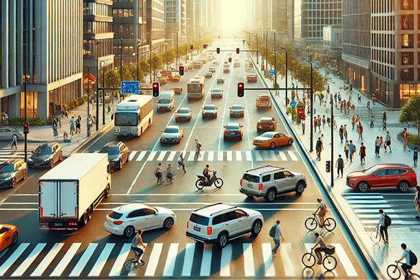 cars, buses, bicycles, and pedestrians on a road together